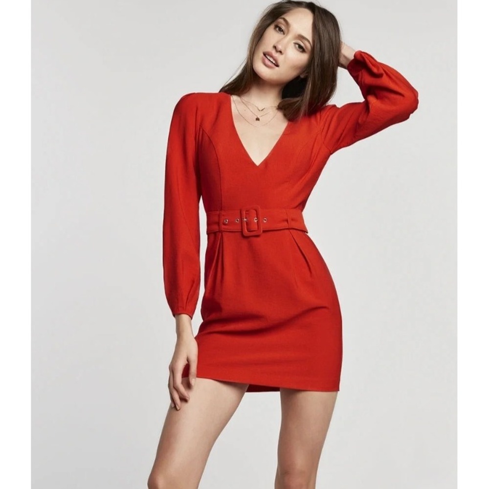 Bardot Red Belted Power Sleeve Plunging V-Neck Mini Dress 10/L Date Night Chic